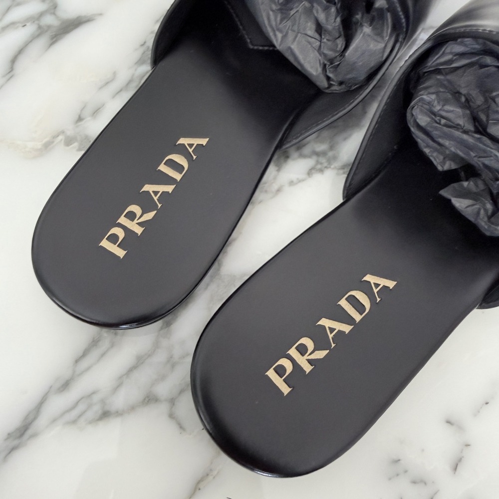 Prada Milano Black Leather Mule Slides Gold Logo Slip On Flat Shoes Mens UK7 - Picture 9 of 13